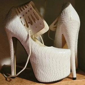 White Snakeskin Platform Heels Ankle Strap Stiletto High Heel‎ Shoes